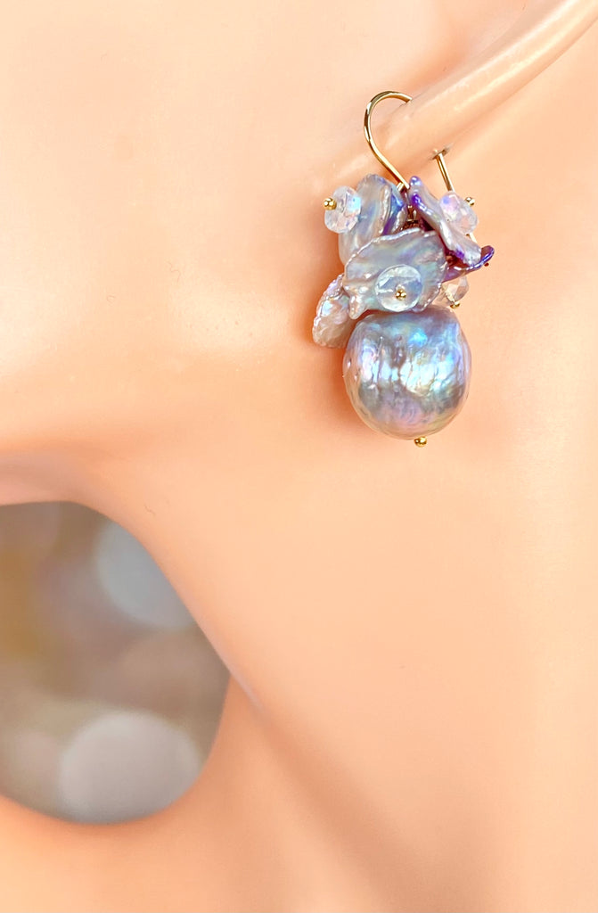 Silver Gray AAAA Pearl Cluster Earrings with Lavender Keishi and Rainbow Moonstone
