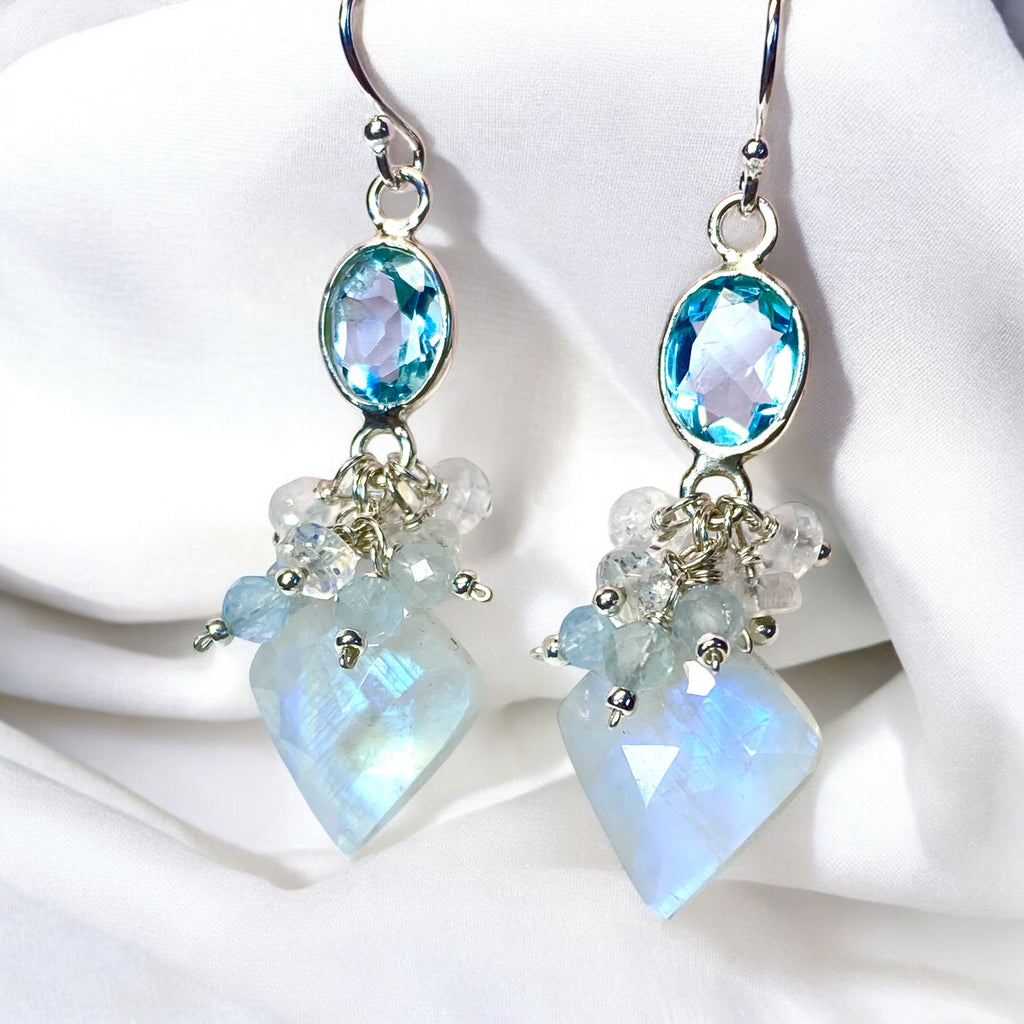 Rainbow Moonstone, Blue Topaz Cluster Dangle Earrings Sterling Silver