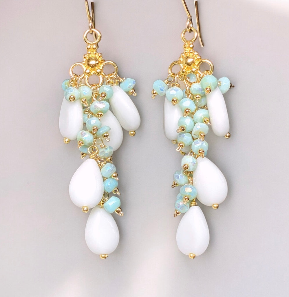 White and Aqua Mystic Peruvian Opal Long Gem Dangle Chandelier Earrings