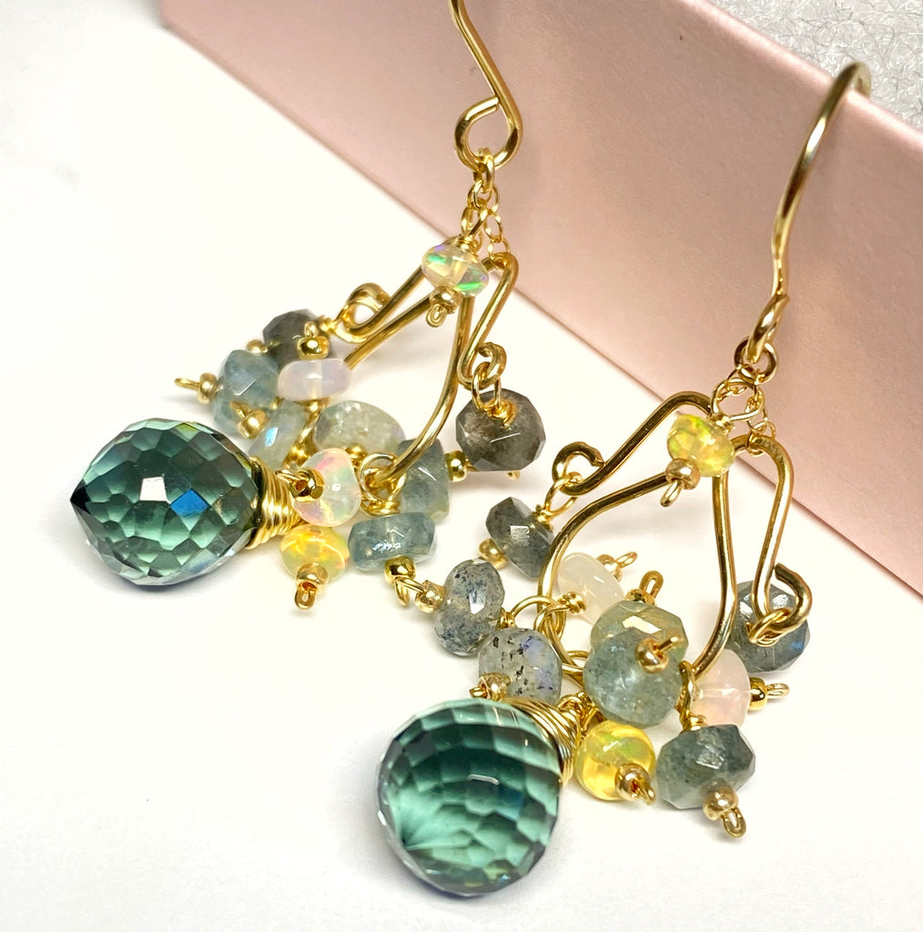 Opal and Aquamarine Chandelier Earrings, Gold Fill - Doolittle