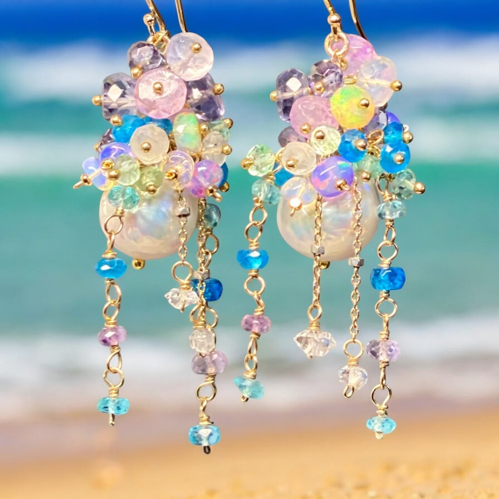 Edison Pearl Barque Cluster Earrings Gold Fill, Lavender, Blue, Aqua Green