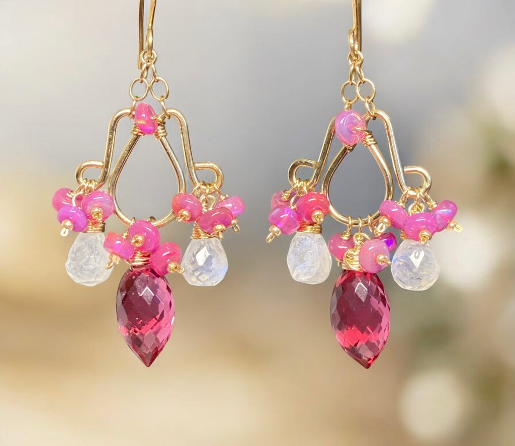 Rubellite Pink Quartz Moonstone Chandelier Earrings Pink Opals, Gold Fill