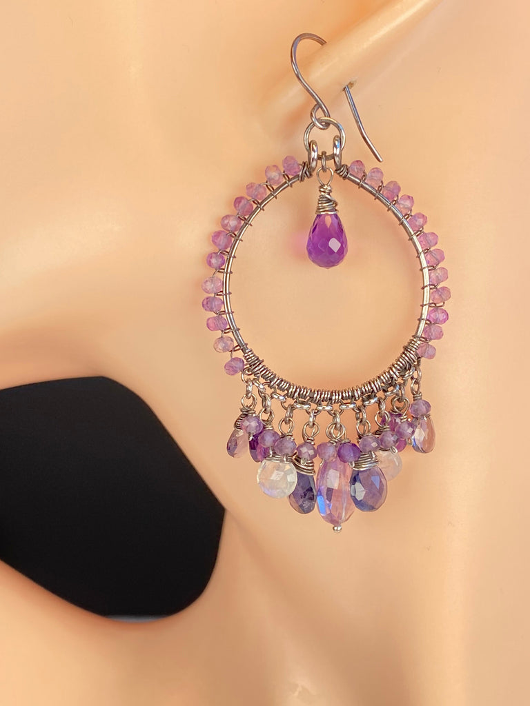 Lavender Amethyst and Blue Gemstone Chandelier Hoop Earrings in Oxidized Silver