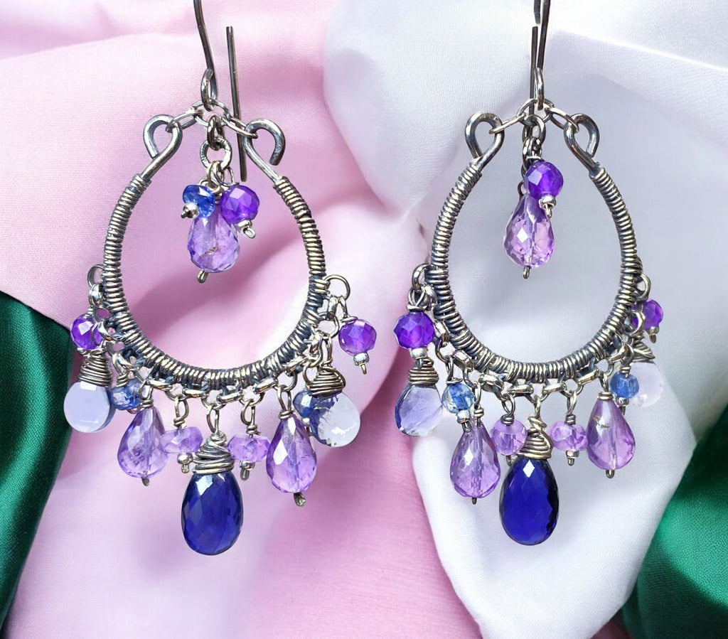 Blue Violet Oxidized Silver Hoop Chandelier Earrings Iolite, Lavender, Purple Amethyst