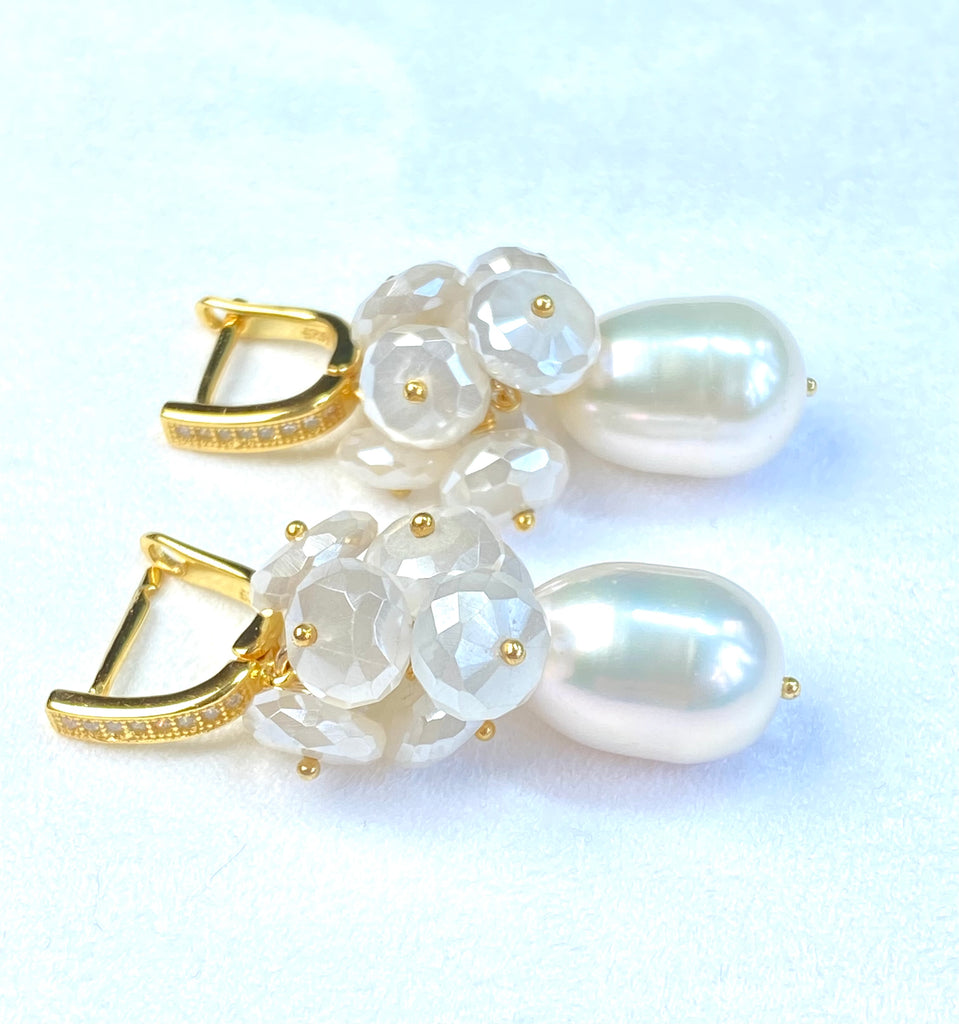Baroque Pearl and Mystic Moonstone Gemstone Earrings Gold