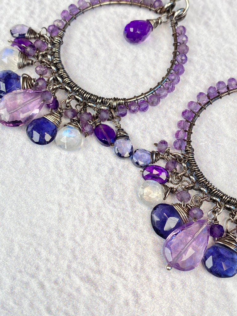 Lavender Amethyst and Blue Gemstone Chandelier Hoop Earrings in Oxidized Silver