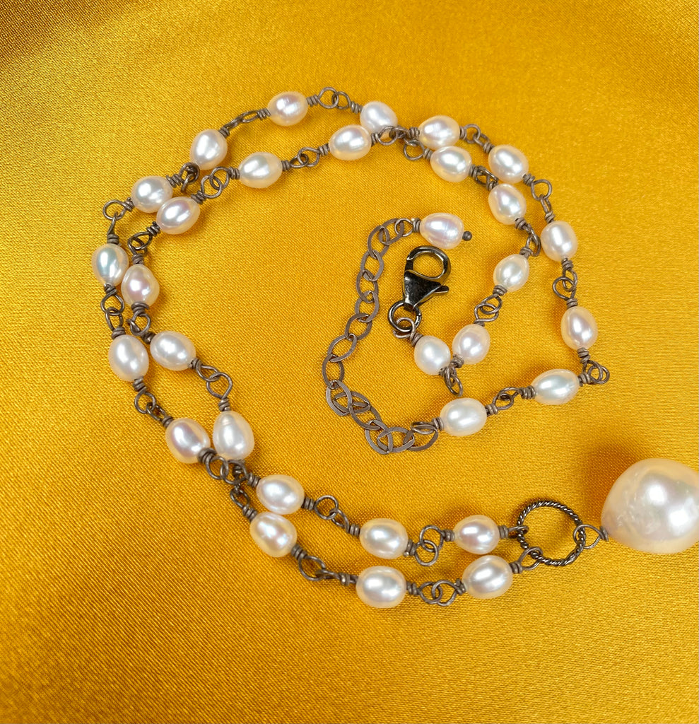 Baroque Pearl Pendant Necklace in Oxidized Sterling Silver