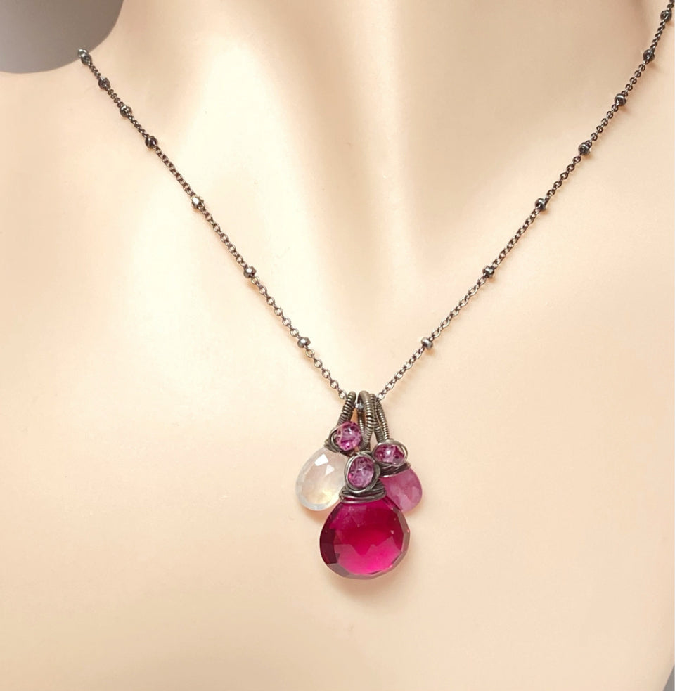Pink Sapphire, Moonstone, Multi Gemstone Pendant, Oxidized Silver