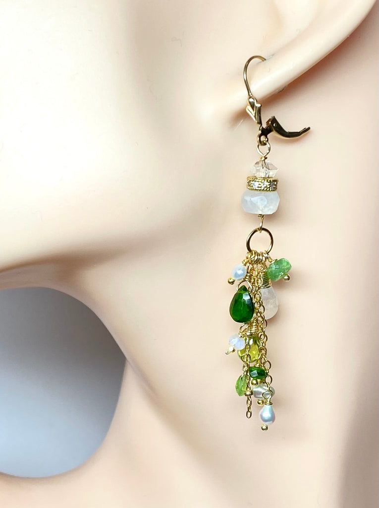 Green Gemstone Boho Dangle Earrings Peridot Chrome Diopside Tsavorite Gold 3