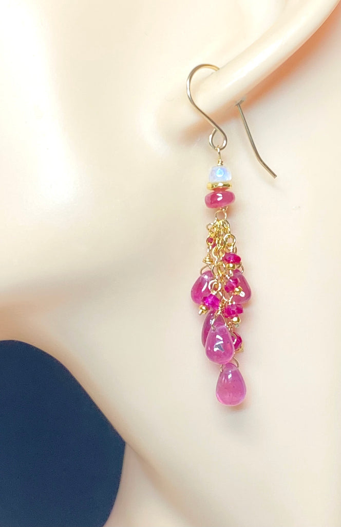 Pink Sapphire and Ruby Tassel Earrings, Gold Fill - Doolittle