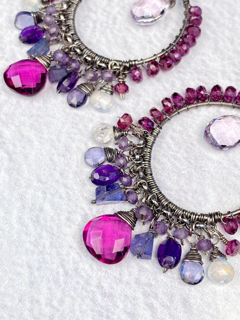 Rhodolite Garnet and Blue Violet Gemstone Chandelier Hoop Earrings - Doolittle