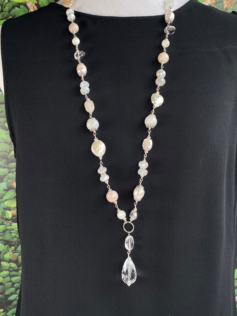 Crystal Quartz Moonstone Pearl Aventurine Long Necklace Sterling Silver - Doolittle