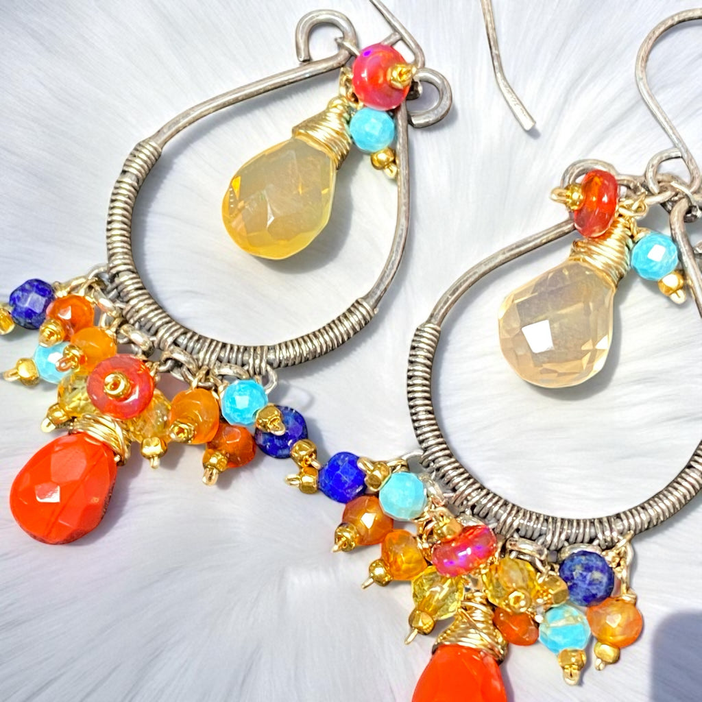 Multi Gemstone Hoop Chandelier Earrings, Mexican Fire Opal, Mixed Metals 3