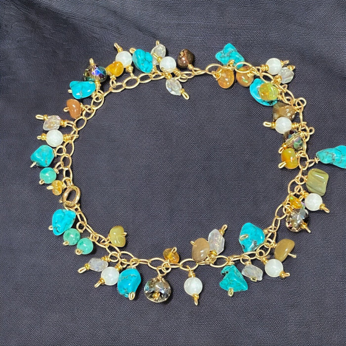 Dainty, Colorful Gemstone and Turquoise Handmade Gold Bracelet