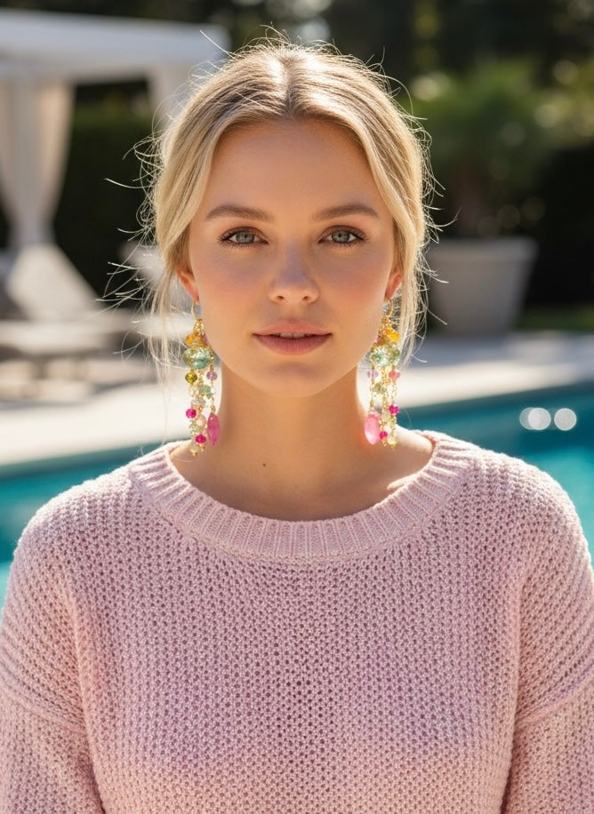 Green Tourmaline Pink Sapphire Gemstone Long Boho Dangle Earrings Gold Fill