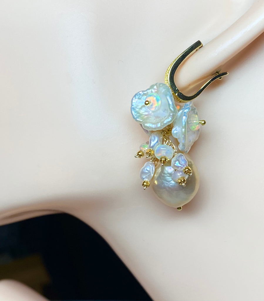 Baroque Edison Pearl Keishi Pearl Opal Cluster Earrings Bridal Gold - Doolittle