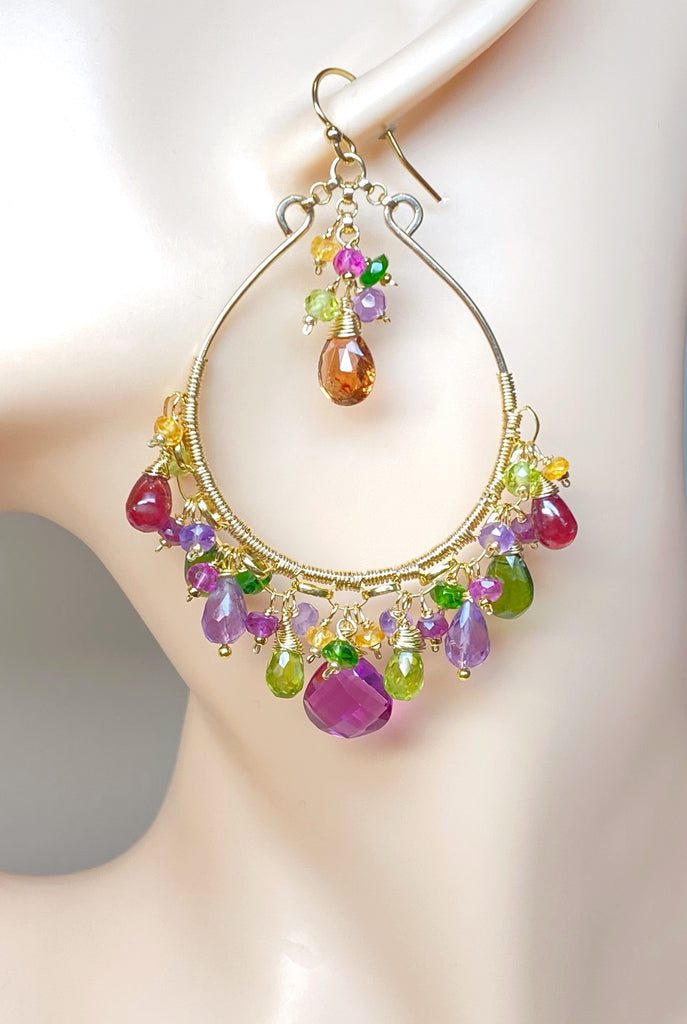 Statement Multi Gemstone Chandelier Hoop 14k Gold Fill Earrings - Violet, Green, Pink