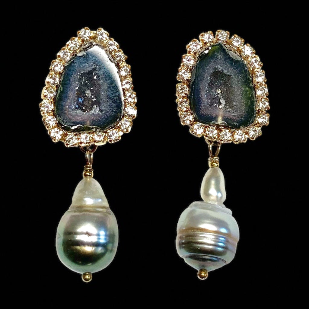 Black Tabasco Geode Earrings with Tahitian Pearls