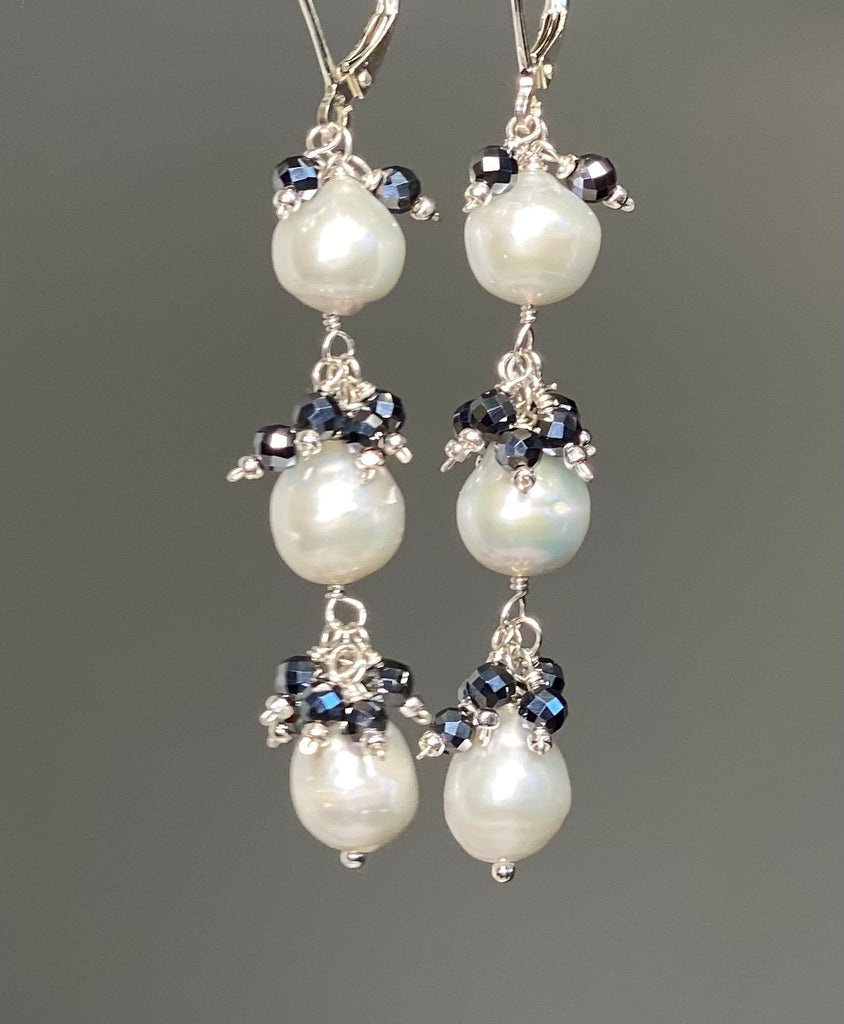 Pearl and Black Terahertz Long Dangle Earrings Sterling Silver