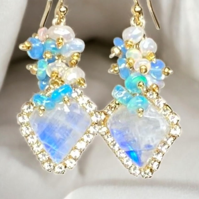 Rainbow Moonstone Diamond Style, Opal Cluster Dangle Earrings Gold