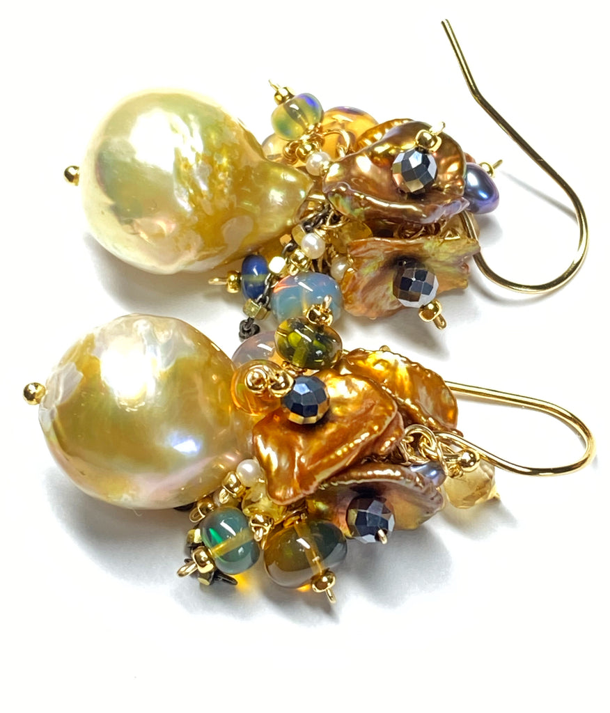 Pond Slime Gold White Pearl Earrings with Black Opals Golden Keishi Pearl Clusters