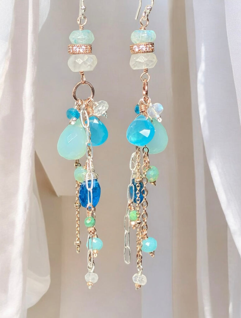 Long Boho Dangle Earrings with Aqua and Blue Chalcedony Mixed Metals