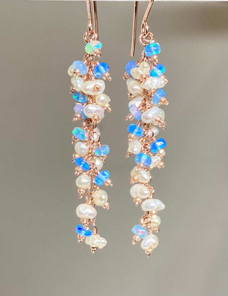 Blue Ethiopian Opal and Keishi Pearl Tassel Dangle Earrings Rose Gold