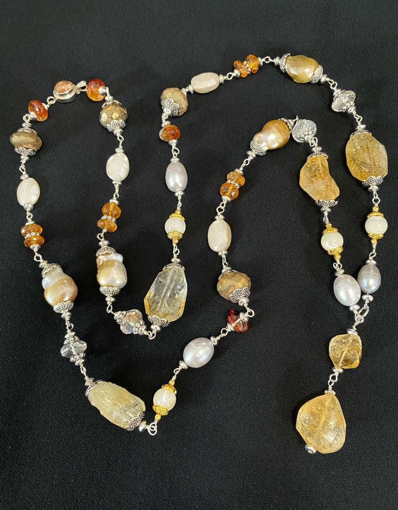 Citrine and Gold White Baroque Pearl Long Sautoir Necklace Sterling Silver — Pyrite Moonstone Crystal Quartz