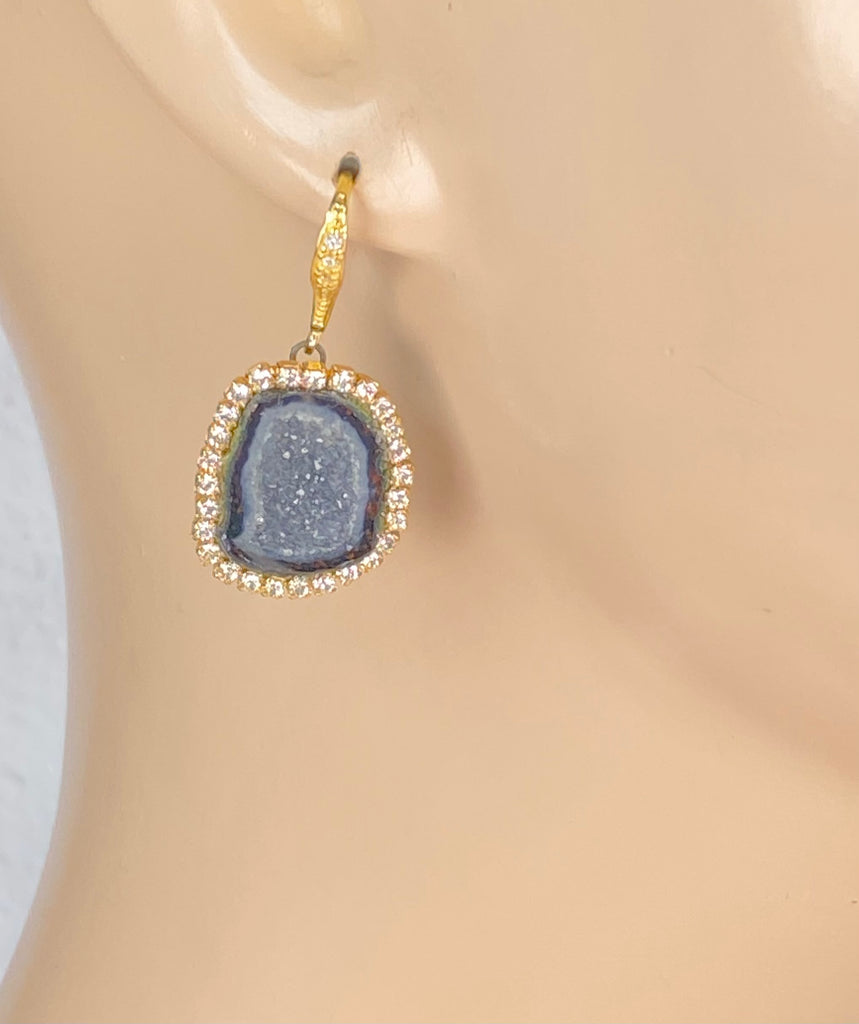 Black Tabasco Geode Druzy Earrings with Austrian Crystal Halo — Diamond Style Dangle Earrings - Doolittle