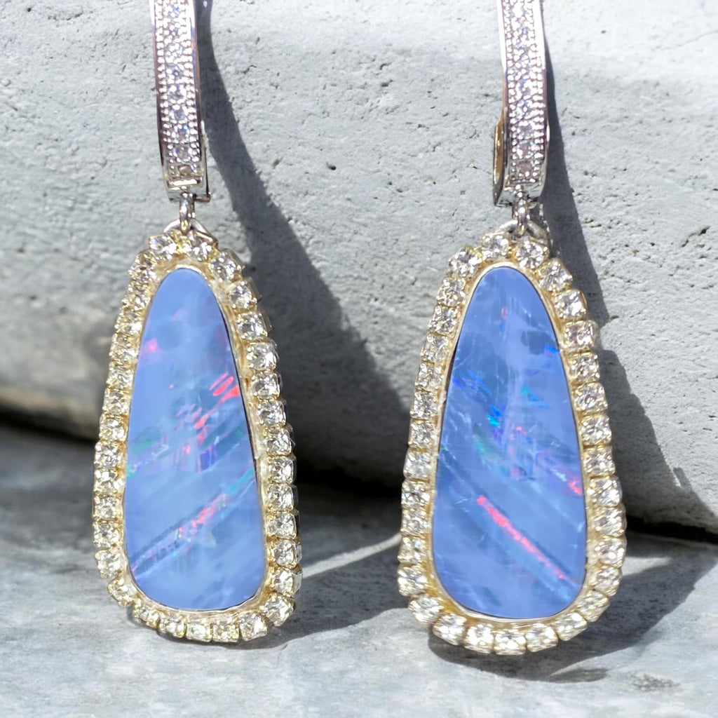 Australian Black Opal Earrings Lightning Ridge Diamond Look Sterling Silver - Doolittle