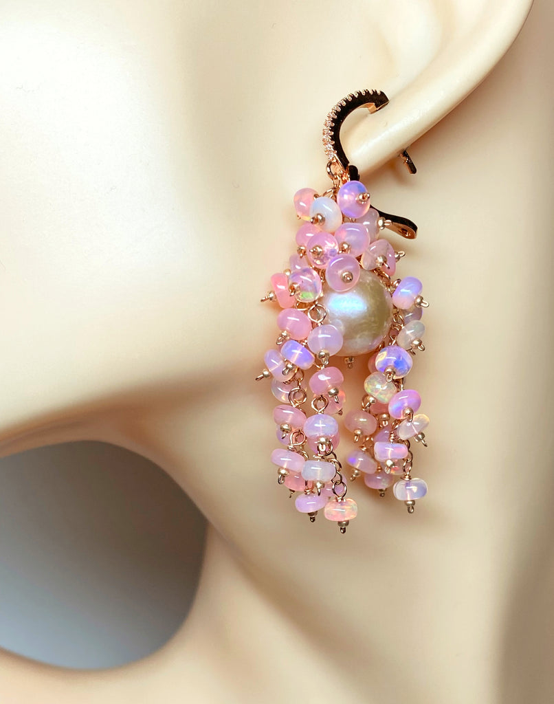 Pink Pearl, Pink Opal Statement Cluster Dangle Earrings, Rose Gold