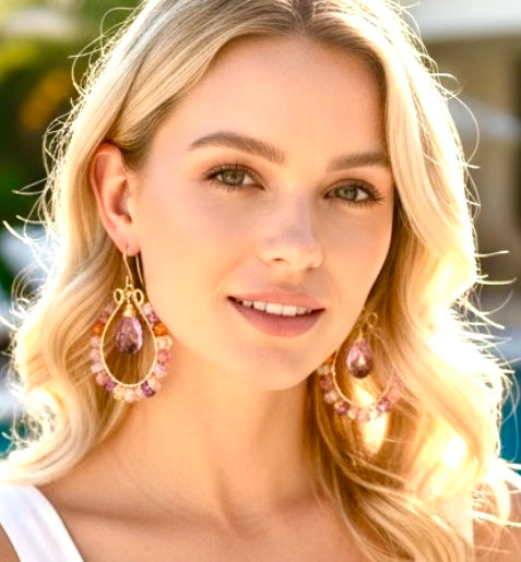 Colorful Gemstone Hoop Earrings:  Padparadscha Sapphire, Amethyst Quartz, Gold Fill, Statement Earrings - Doolittle