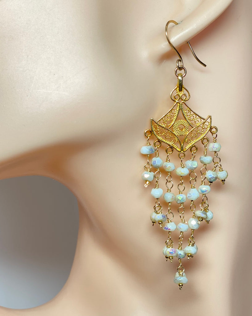 Chandelier Earrings with Mystic White Opal Gems, Gold Vermeil