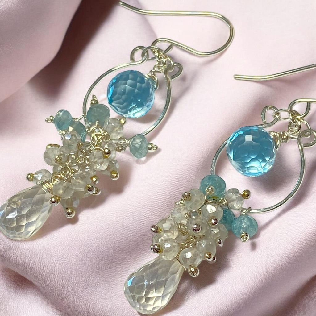  Close-up of blue zircon and mystic silver quartz gemstone chandelier earrings, sterling silver wire-wrapped