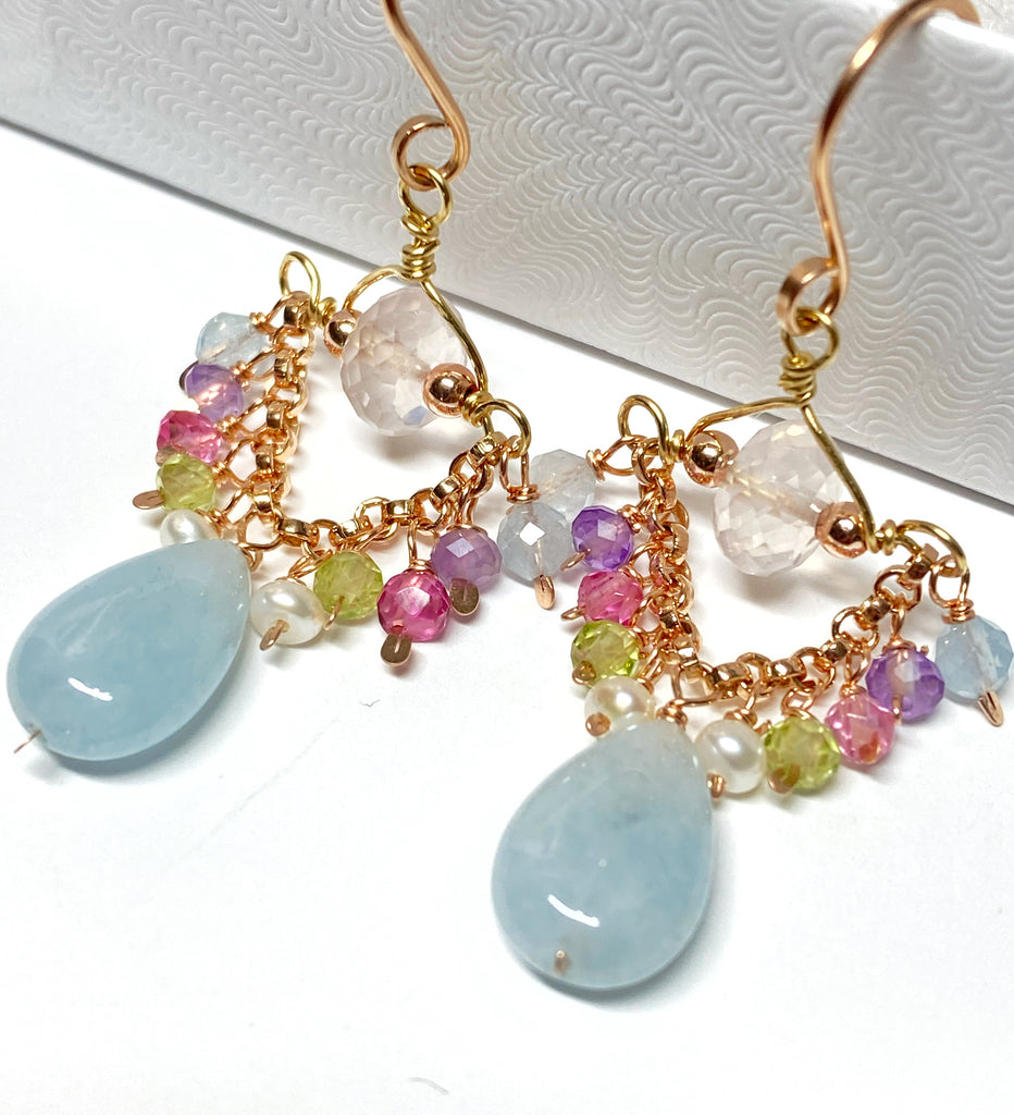 Blue Aquamarine, Rose Quartz, Rose Gold Petite Chandelier Earrings