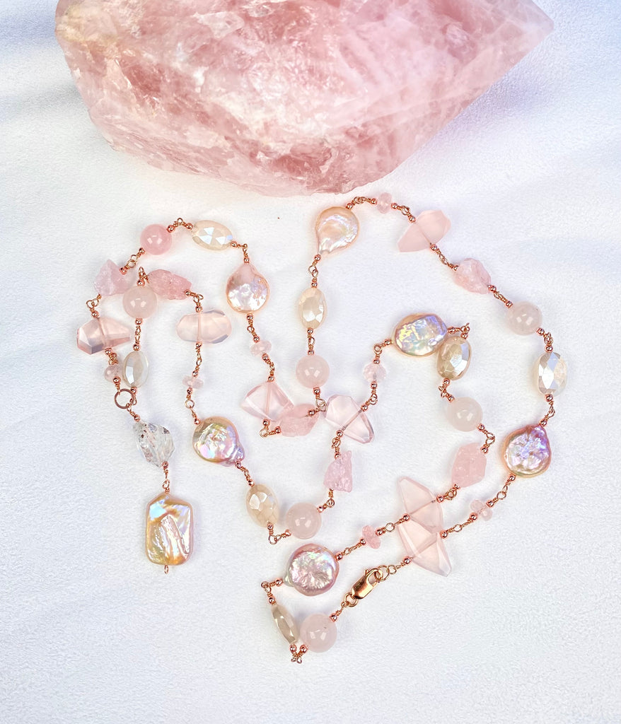 Blush Pink Coin Pearl Long Sautoir Necklace — Rose Gold Fill, Rose Quartz & Morganite