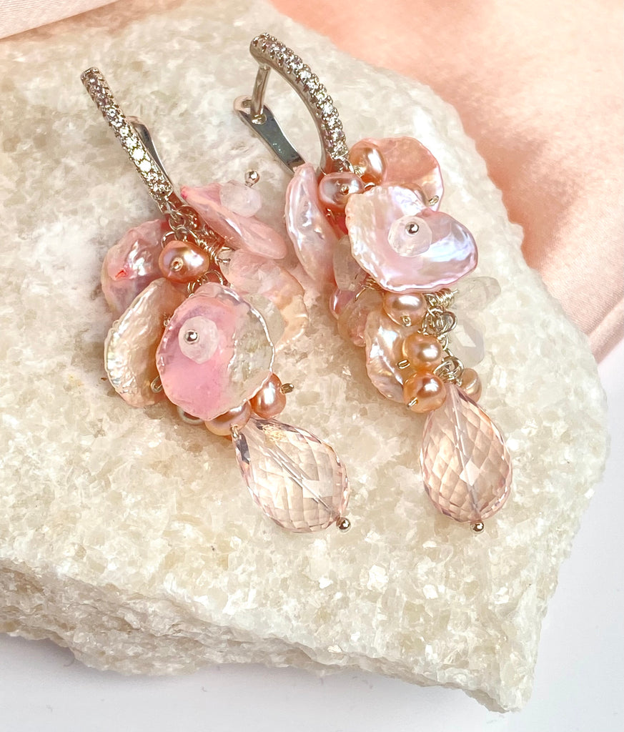 Pink Rose Quartz, Moonstone, Keishi Pearl Cluster Earrings, Silver