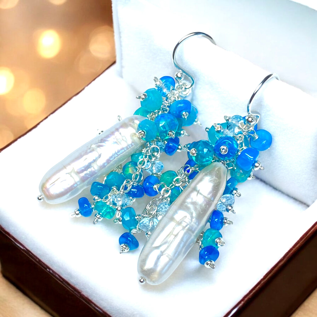 White Biwa Pearl and Aqua Blue Opal Cluster Earrings Sterling Silver