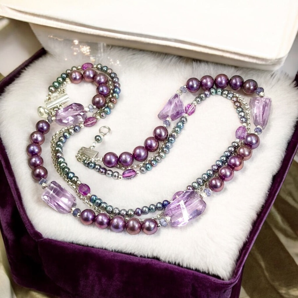 Amethyst and Pearl Multi-Strand Triple Strand Necklace