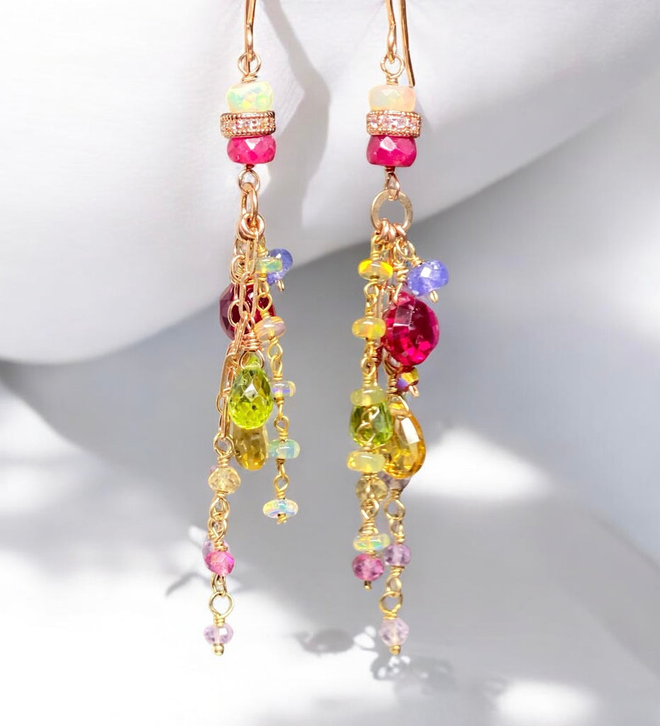 Multi-color Gemstone Long Chain Dangle Earrings Red Topaz Pink Sappire Citrine Opal Rose Gold