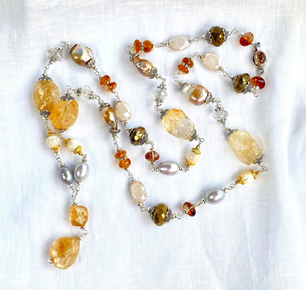 Citrine and Gold White Baroque Pearl Long Sautoir Necklace Sterling Silver — Pyrite Moonstone Crystal Quartz