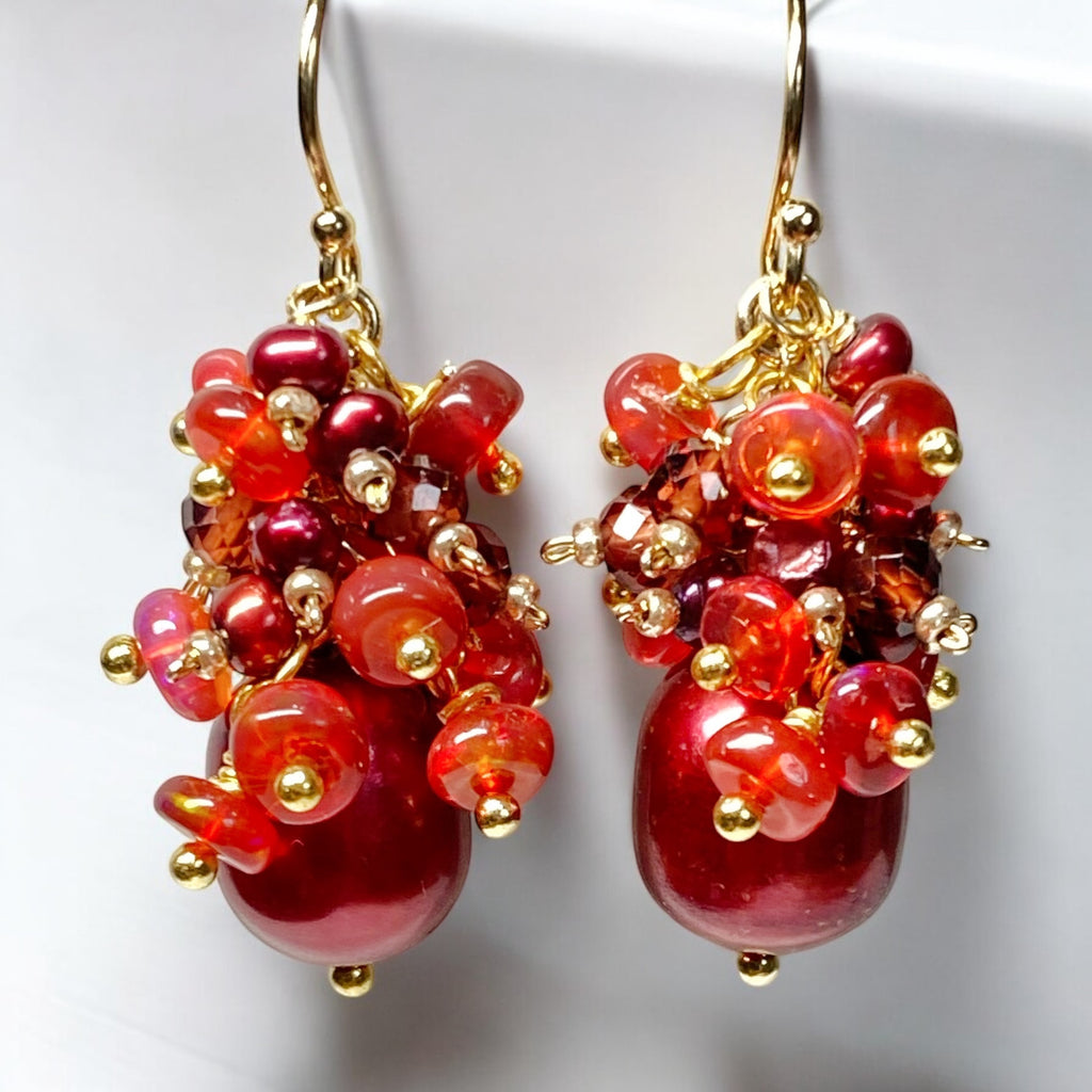 Red Freshwater Pearl Garnet and Opal Gemstone Cluster Earrings