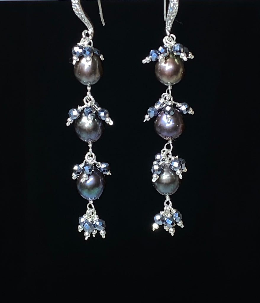 Black Peacock Pearl and Black Terahertz Long Dangle Earrings Sterling Silver - Doolittle