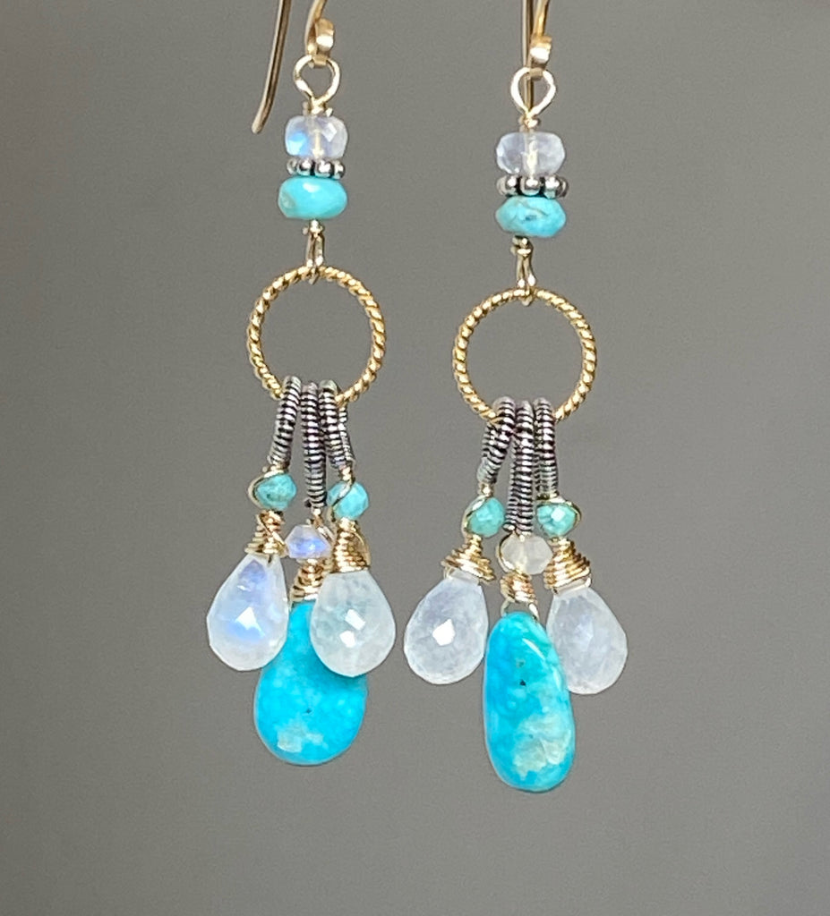 Kingman Turquoise, Rainbow Moonstone Dangle Earrings Mixed Metals, Handmade