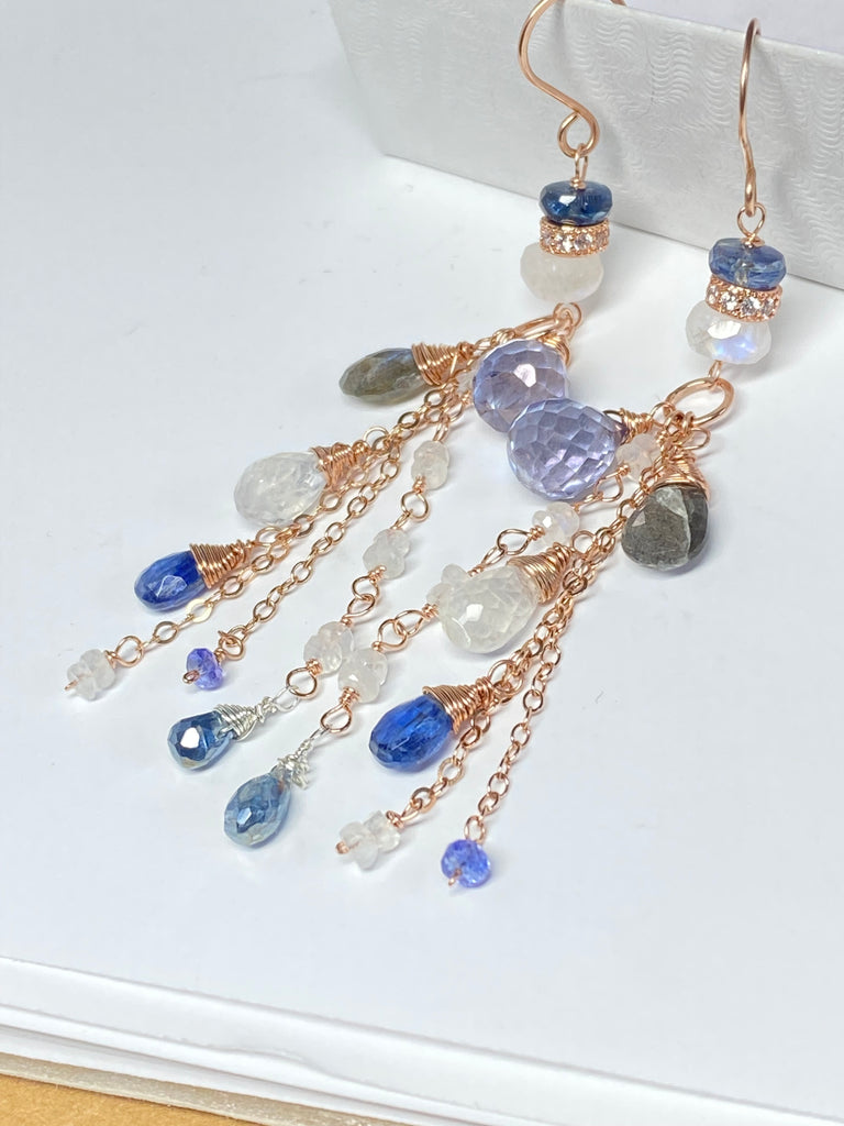 Rainbow Moonstone, Labradorite, Kyanite, Rose Gold Long Boho Earrings Blue White