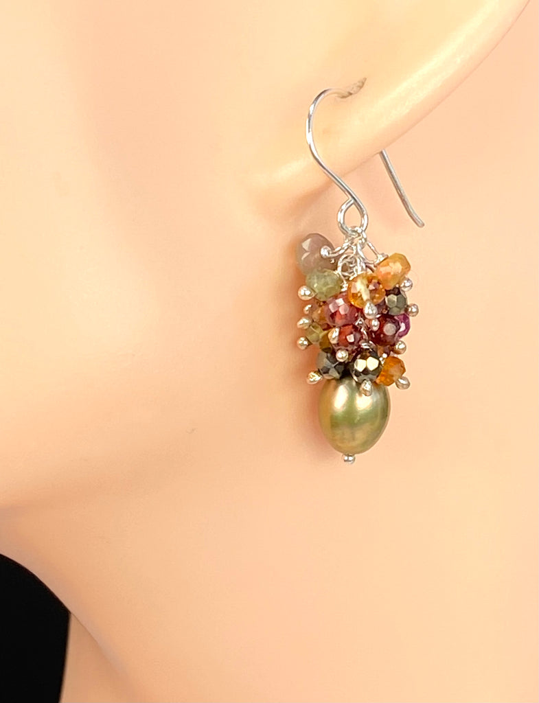 Olive Green Pearl Gemstone Cluster Earrings Sterling Silver with Opals