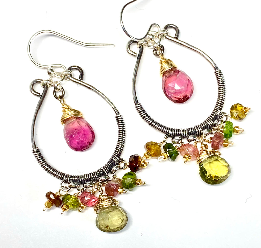Pink and Green Tourmaline Mixed Metal Hoop Chandelier Earrings