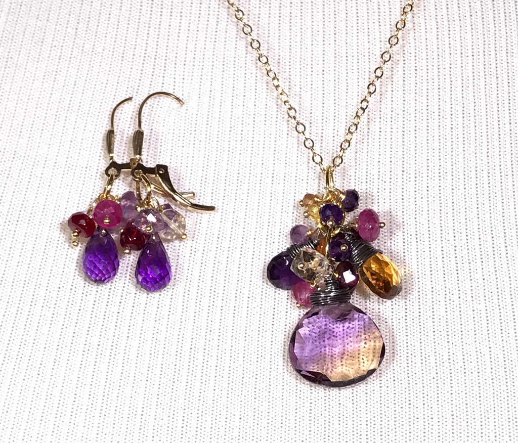 Ametrine Pendant Necklace Set and Amethyst Dangle Earrings
