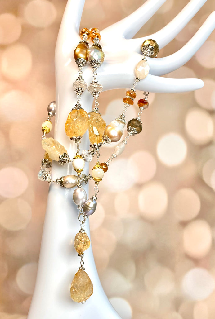 Citrine and Gold White Baroque Pearl Long Sautoir Necklace Sterling Silver — Pyrite Moonstone Crystal Quartz