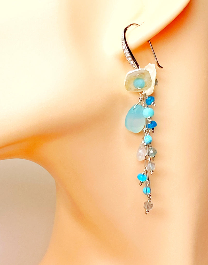 Aqua Chalcedony, White Keishi Pearl, Sterling Silver Long Dangle Earrings